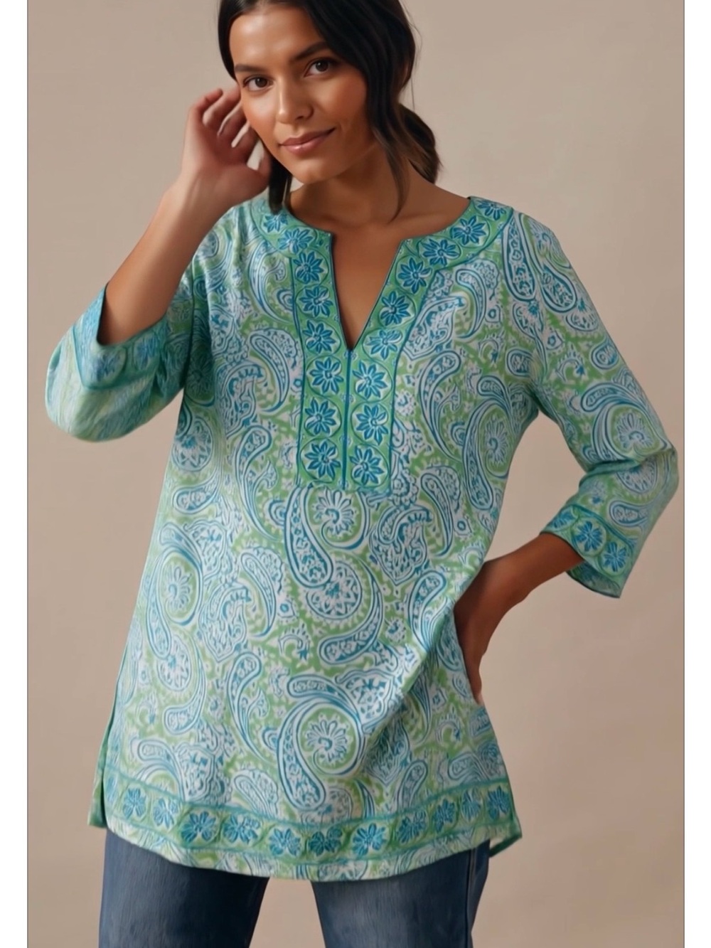 Gretchen Scott Designs Aqua Green Paisley Embroidered V-Neck Tunic